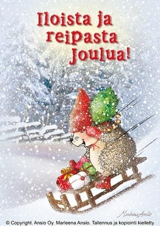 Joulukortti Marleena Ansio: siili mäenlaskussa