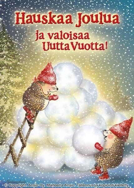 Joulukortti Marleena Ansio: siilit ja lumilyhty