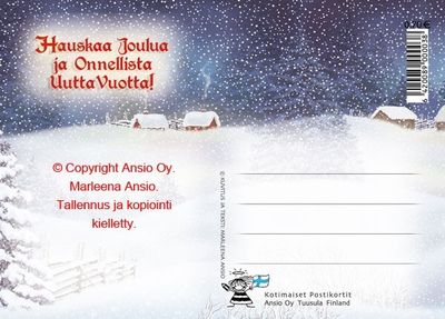 Joulukortti Marleena Ansio: tonttuperhe puuhissa