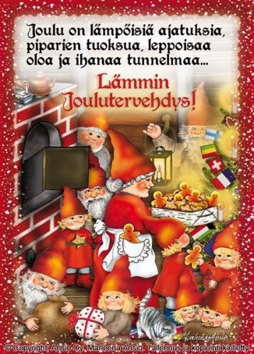 Joulukortti Marleena Ansio: tonttuperhe puuhissa