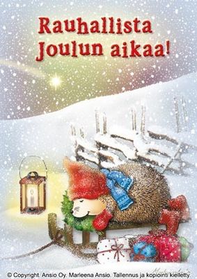Joulukortti Marleena Ansio: onnellinen siili torkkumassa