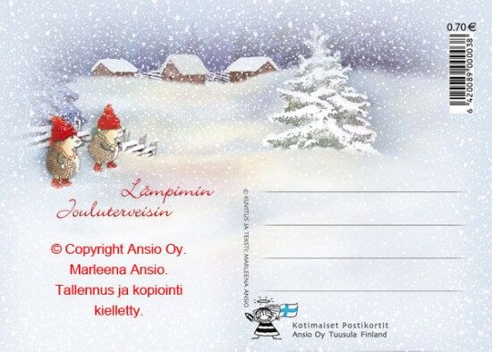 Joulukortti Marleena Ansio: siili ja kauralyhde