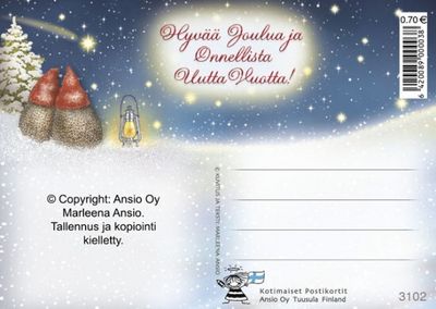 Joulukortti Marleena Ansio: siilit revontulimaisemassa