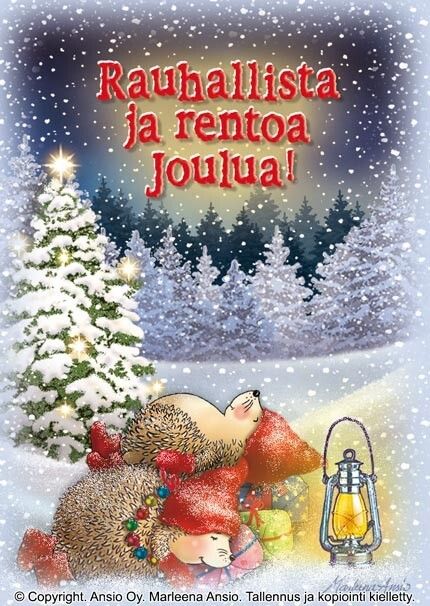 Joulukortti Marleena Ansio: siilit yöretkellä