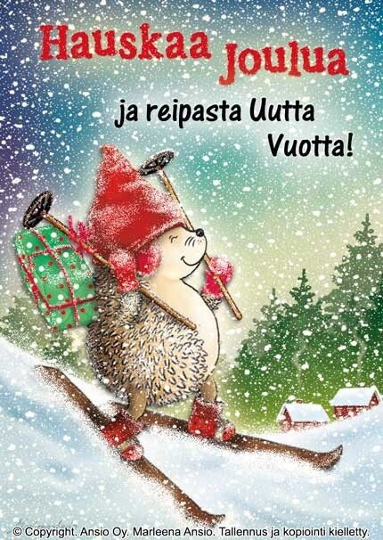 Joulukortti Marleena Ansio: siili hiihtämässä