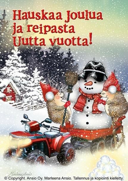 Joulukortti Marleena Ansio: siilit lumiukon kanssa