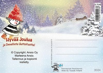 Joulukortti Marleena Ansio: tyyppi lyhteen kanssa