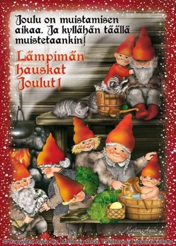 Joulukortti Marleena Ansio: tonttuperhe saunomassa