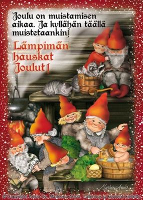 Joulukortti Marleena Ansio: tonttuperhe saunomassa