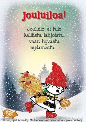 Joulukortti Marleena Ansio: tyyppi lyhteen kanssa
