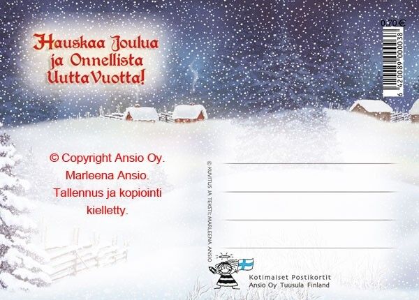 Joulukortti Marleena Ansio: tonttuperhe saunomassa
