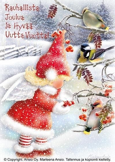 Joulukortti Marleena Ansio: enkeli lintujen kanssa
