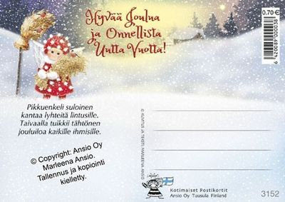 Joulukortti Marleena Ansio: enkeli lintujen luona