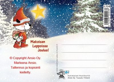 Joulukortti Marleena Ansio: koira lahjan kanssa