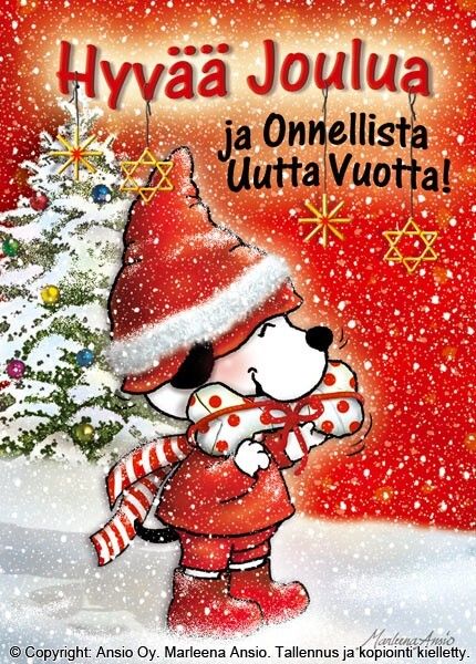 Joulukortti Marleena Ansio: koira lahjan kanssa