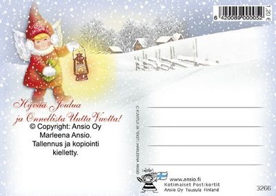 Joulukortti Marleena Ansio: enkeli potkukelkalla