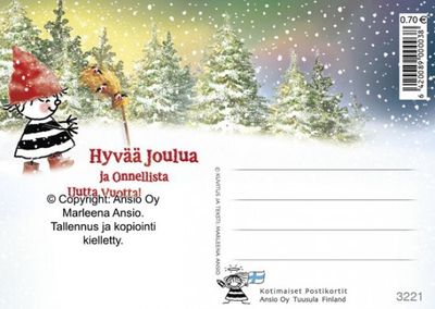 Joulukortti Marleena Ansio: kaveri potkukelkalla