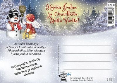 Joulukortti Marleena Ansio: lumiukko ja enkeli