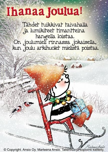 Joulukortti Marleena Ansio: kaveri potkukelkalla