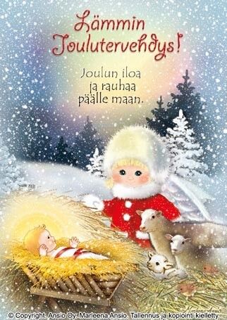 Joulukortti Marleena Ansio: enkeli seimen luona