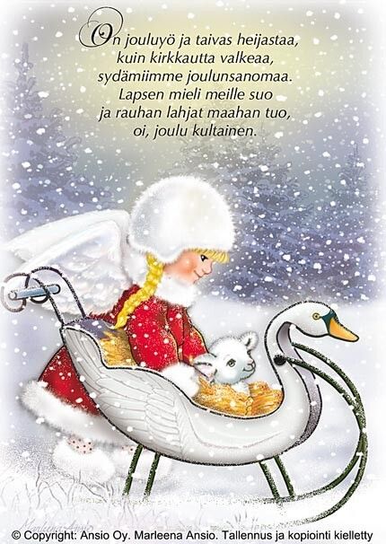 Joulukortti Marleena Ansio: enkeli joutsenkelkan kanssa