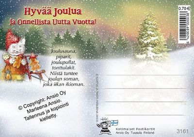 Joulukortti Marleena Ansio: kissa ja potkukelkka