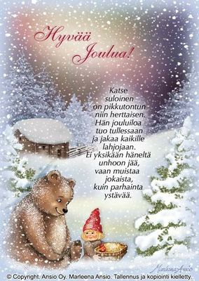 Joulukortti Marleena Ansio: nalle ja tonttu