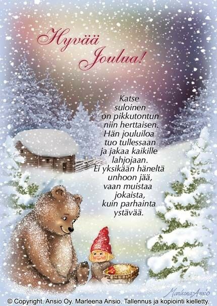 Joulukortti Marleena Ansio: nalle ja tonttu