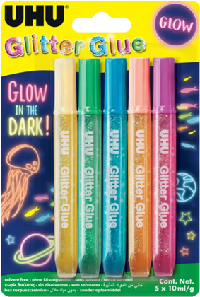 UHU Glitter Glue Glow in the dark 5x10ml sticks