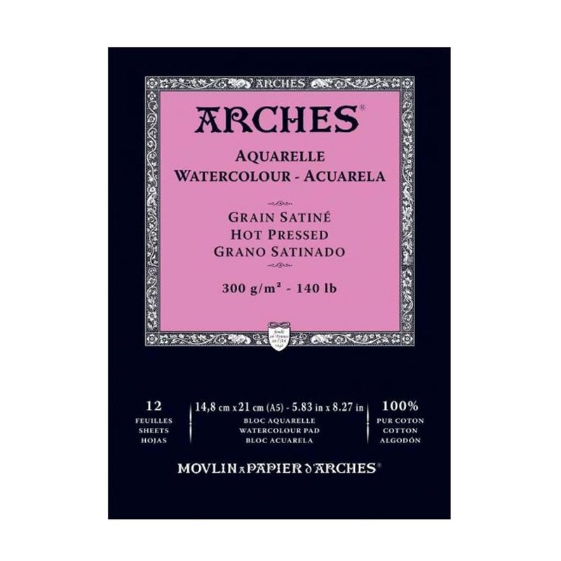 Arches Watercolour Hot Pressed Block 300gsm 100% Cotton 12 Sheets