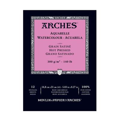 Arches Watercolour Hot Pressed Block 300gsm 100% Cotton 12 Sheets