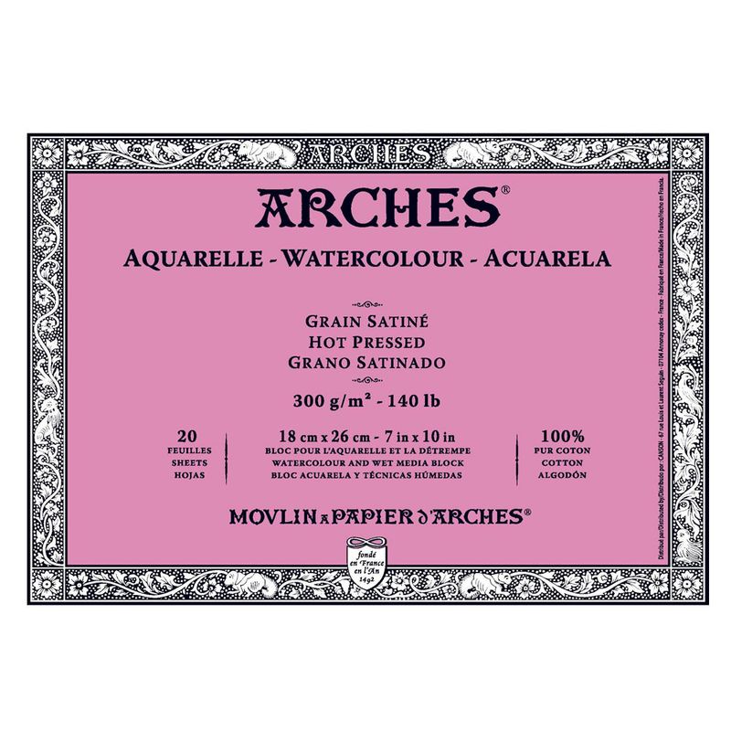 Arches Watercolour Hot Pressed Block 18x26 300gsm 100% Cotton 20 Sheets