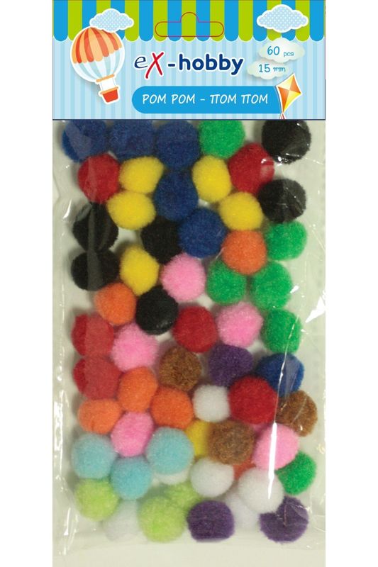 Ex-Hobby Colourful Pom Poms 15mm 60 Pieces