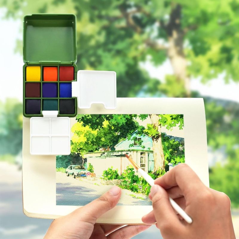 Portable Pocket Watercolor Set with 9 Colors & Water Brush