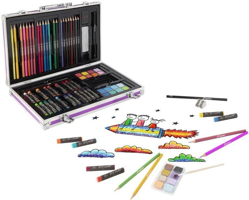 Nassau Fine Art 79 Piece Art Set in Metal Case Nassau Fine Art 79 piece art set open in metal case with coloured pencils watercolours and oil pastels