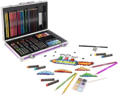 Nassau Fine Art 79 piece art set open in metal case with coloured pencils watercolours and oil pastels