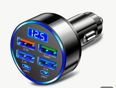 Cargador de coche multipuerto 6 en 1 con detección de voltaje, carga rápida Compatible con iPhone, Android, Samsung, iPad Pro