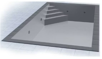 Ecktreppe OBLIQUE 169 x 169 mit Poolfolie und Ecktreppenausbildung 6,00 x 3,00 x 1,50 Meter