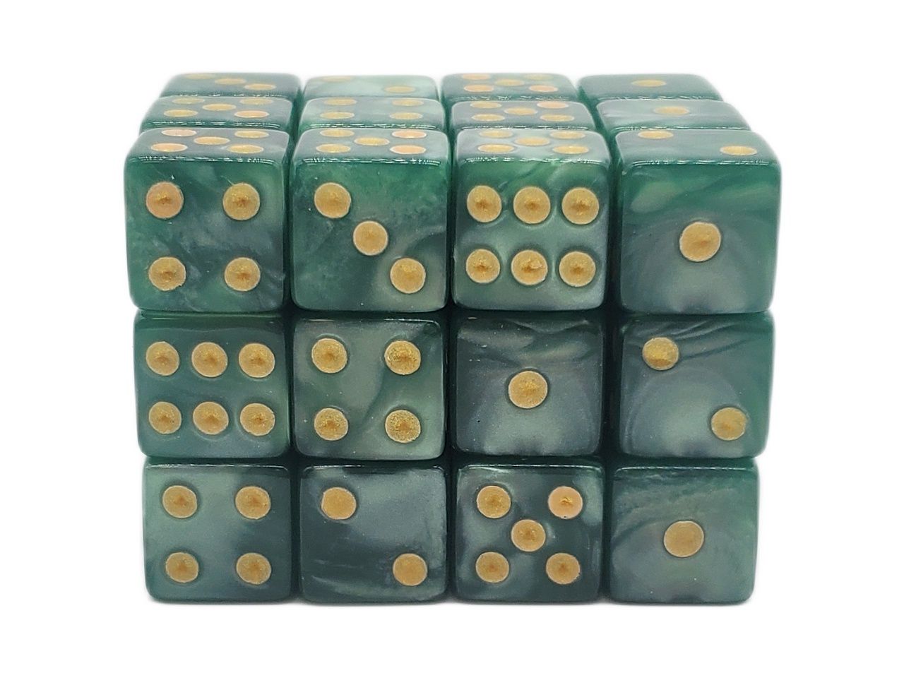 Old School Dice: 36ct 12mm D6 Dice Set: Pearl Drop - Green w/ Gold