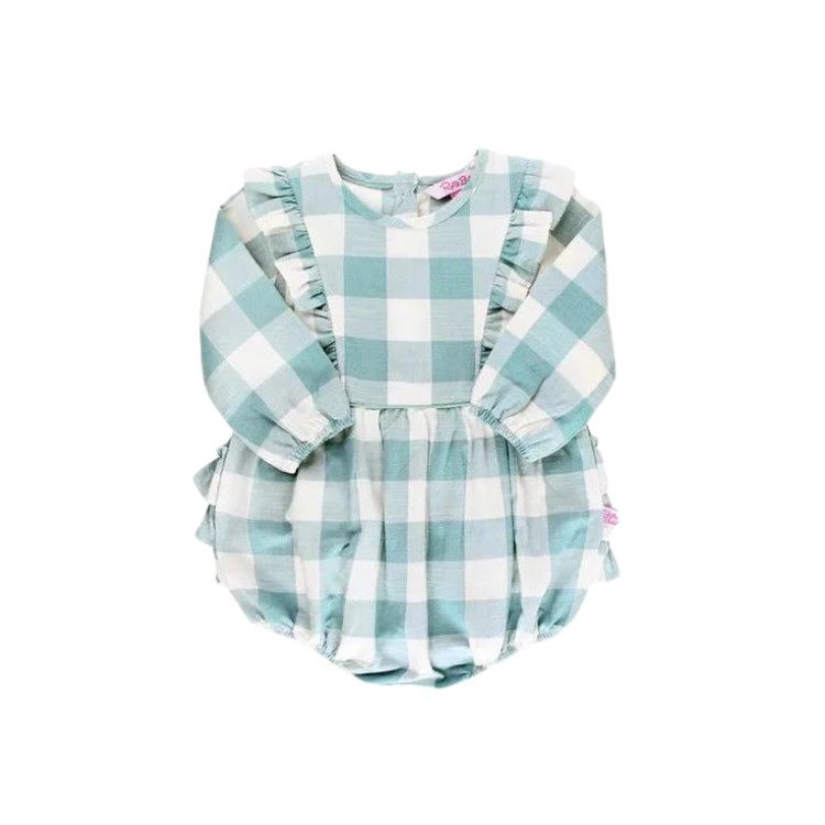 Rufflebutts Plaid Waterfall Bubble Romper, Color: Antique Blue, Size: 0-3m
