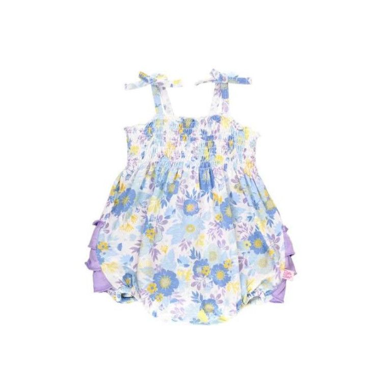 Rufflebutts Pristine Blooms Ruched Tie Bubble Romper, Size: 0-3m
