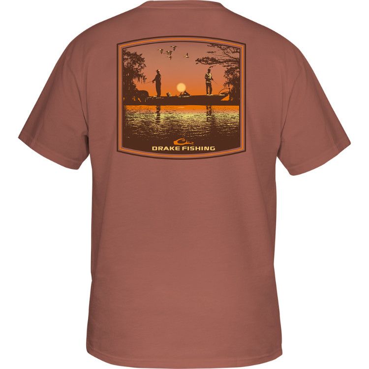 Drake Bass Fishing Sunset SS Tee, Color: Bright Salmon, Size: SM