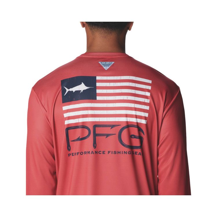 Columbia Terminal Tackle PFG™ Fish Star LS Performance Shirt, Color: Sunset Red / Collegiate Navy / PFG Fish Star Marlin, Size: SM