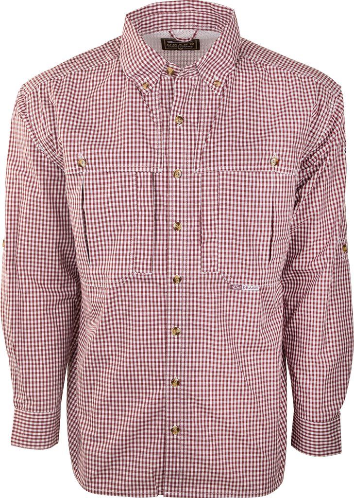Drake LS Gingham Plaid Wingshooter&#39;s Shirt, Color: Maroon, Size: MD