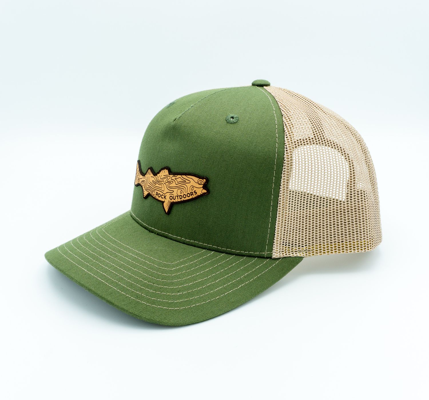 Rock Outdoors Leather Bass Patch Trucker Hat, Color: Army Olive/Tan