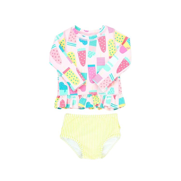 Rufflebutts Ice Cream Social Long Sleeve Rash Guard Bikini, Size: 12-18m
