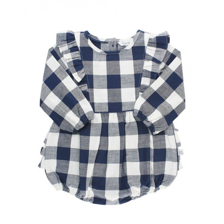 Rufflebutts Waterfall Bubble Romper Navy Plaid, Size: 3-6m