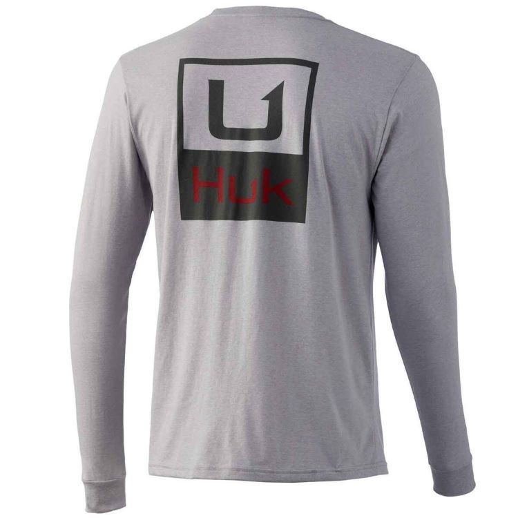 Huk Brand Box LS Tee, Color: Overcast Grey Heather (089), Size: SM