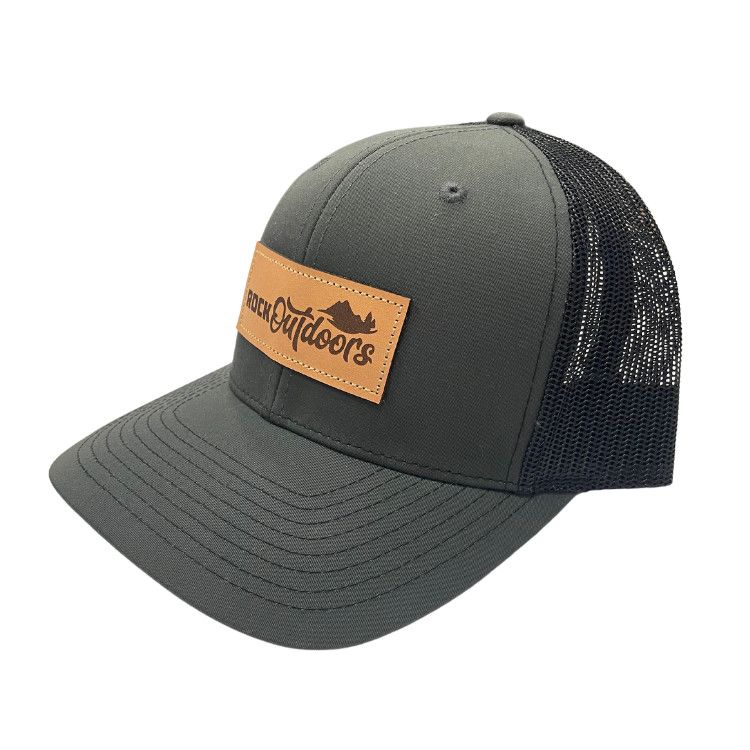 Rock Outdoors Etched Leather Applique Rock Outdoors Logo Trucker Hat Recycled Fabrics , Color: Charcoal/Black