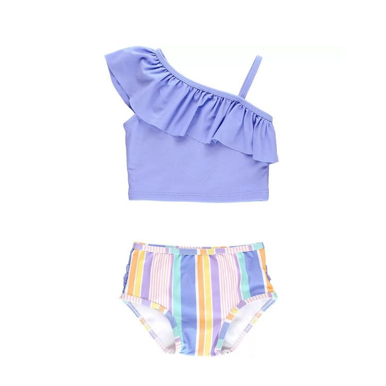 Rufflebutts Rainbow Lane Stripes One Shoulder Ruffle Tankini, Size: 6-12m